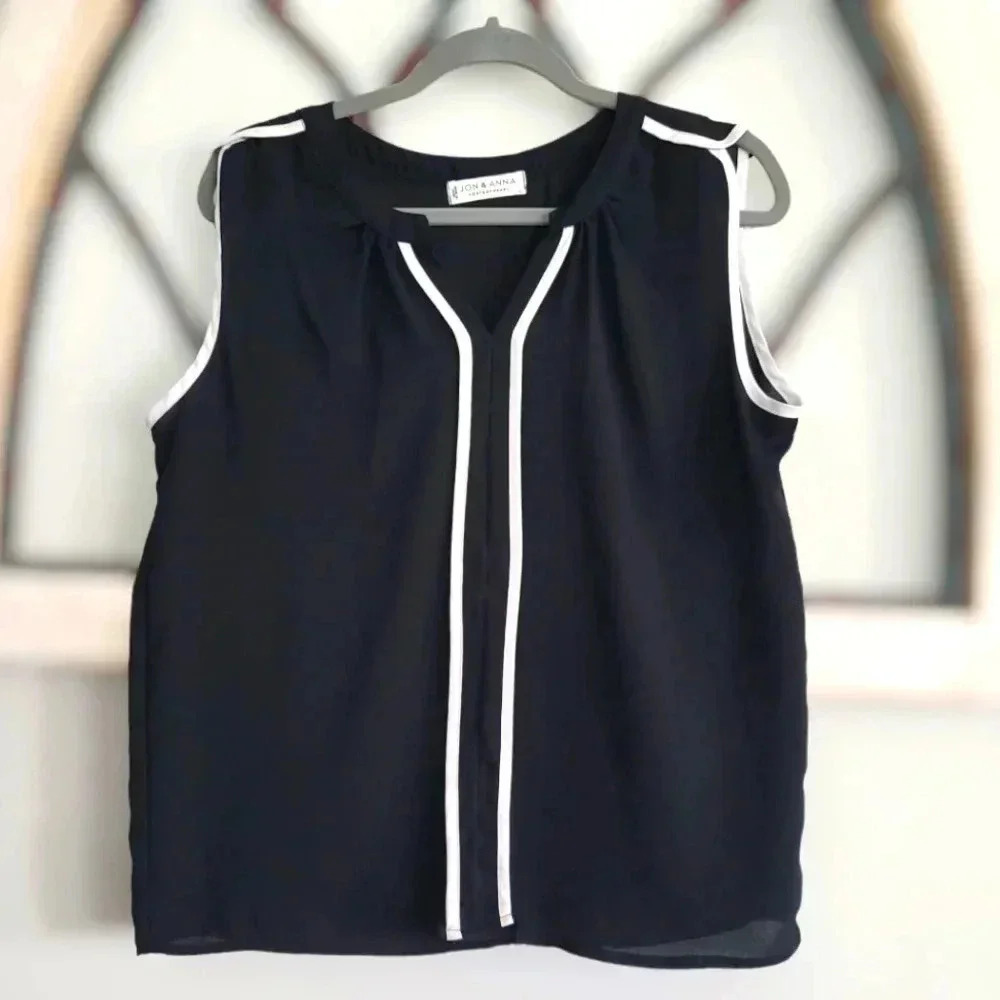 JON & ANNA contemporary black and cream chiffon sleeveless blouse size Large